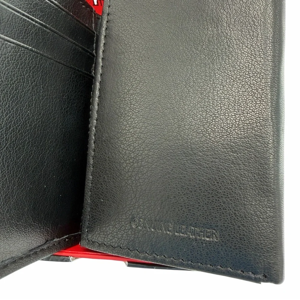 True Religion Genuine Leather RFID Wallet Black Trifold Silver Logo Plaque NIB